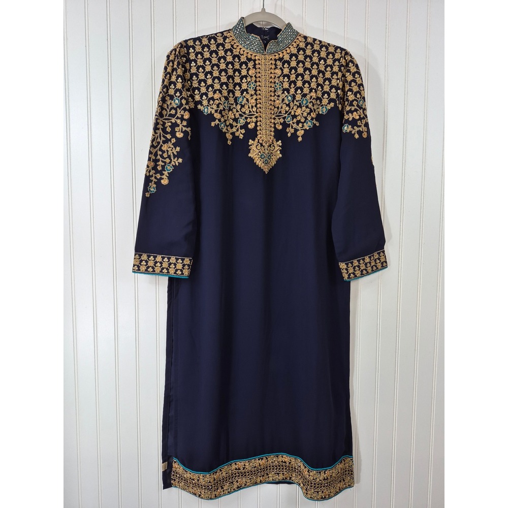 Navy Blue Gold Embroidered Kurta Tunic Long Sleeve Festive Dress Bollywood Boho